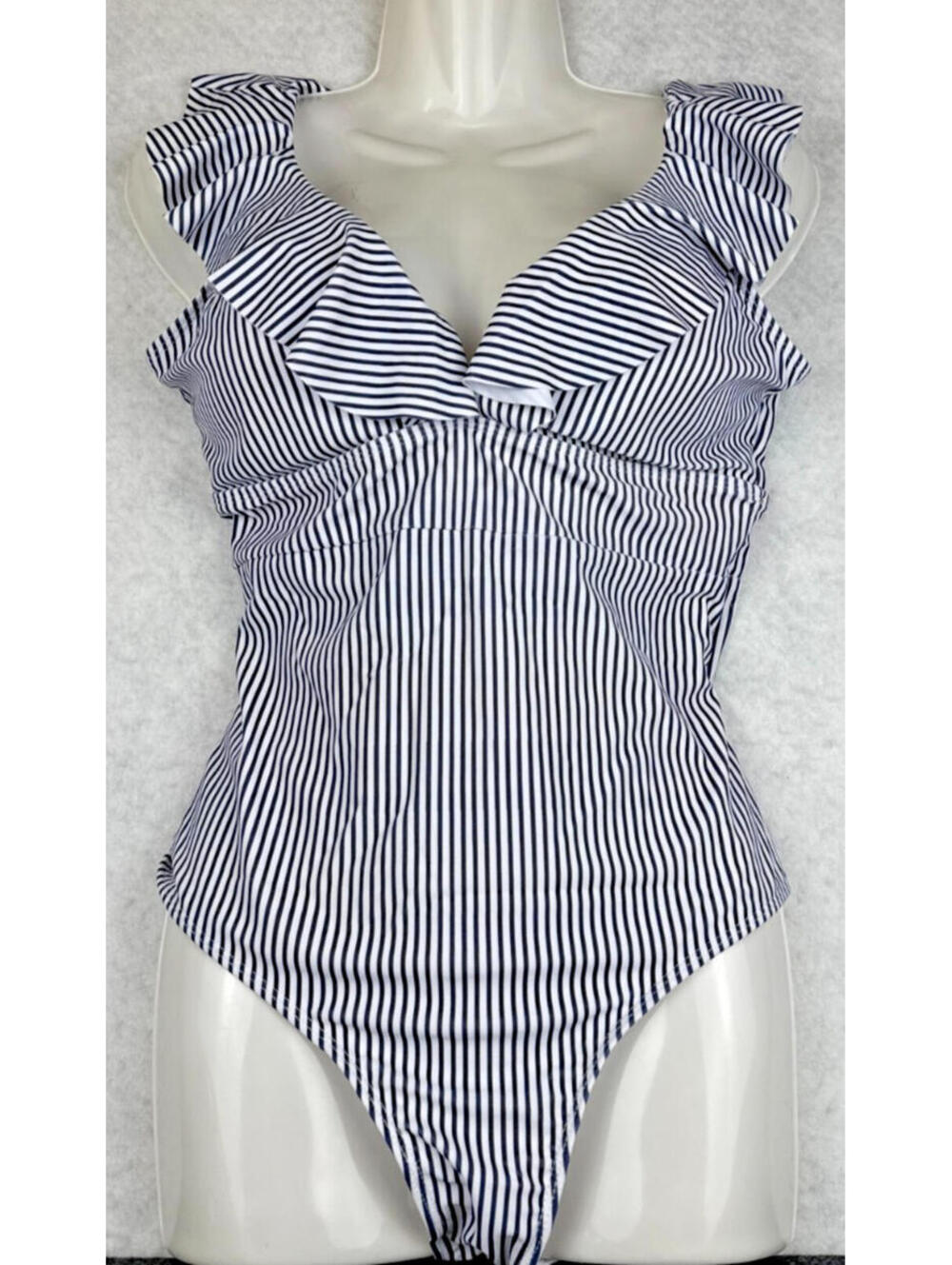 Navy White Striped Ruffle One Piece‎ Swimsuit Womens Small NWT